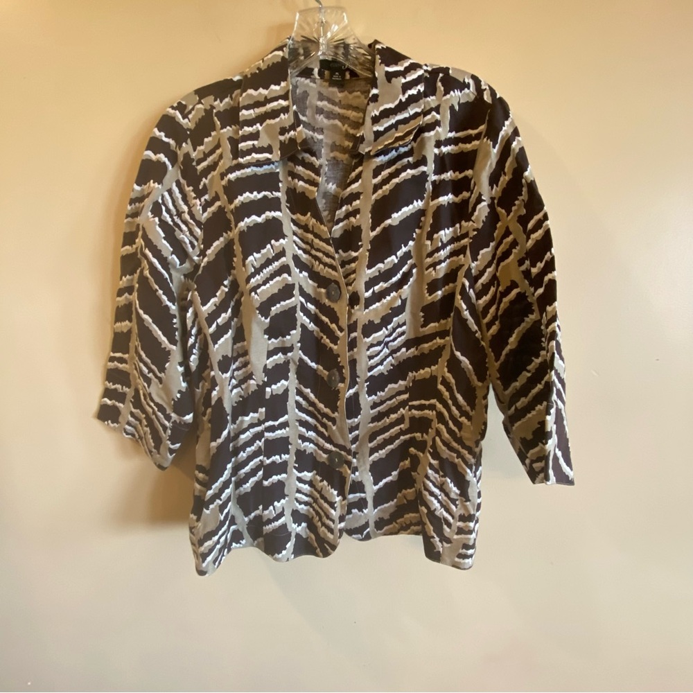 Womens EAST 5TH Size Large Petite Animal Print 3/4 Sleeve Linen Shirt